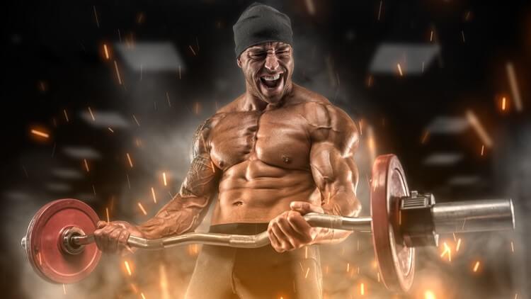Weight lifter surrounded by fire embers